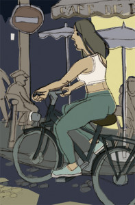 Frau fährt auf ihrem Rad am Café de Flore in Paris vorbei