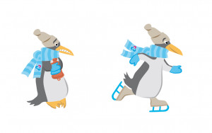 Pinguin, der in Eis und Schnee friert und schlittschuhfahrender Pinguin