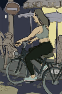 Frau fährt auf ihrem Rad am Cafe de Flore in Paris vorbei.