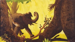 Die Elefanten trampeln durch den Urwald