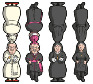 Hier spielen Papst und Bischöfe gegen die Mutter Oberin und ihre Nonnen. Natürlich gibt es dann immer elf Spieler/innen von jeder Mannschaft.