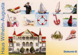 02 Postkarte mit allen Motiven für Türschilder und Schlüsselanhänger. Außerdem ist noch das Erholungsheim Haus Augusta zu sehen.